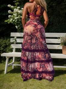 Women's Purple Floral Print Deep V Neck Ruffle Trim High Slit Maxi Dress, Elegant Outfit For Wedding Guest/Evening Party/Formal Event, Dresses For Women - 紫色 - 查看 3