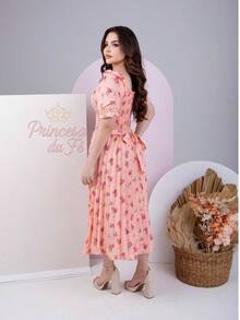 Pleated Midi Dress, Short Puff Sleeves, High Waist, Printed Crepe, Evangelical Fashion - 三文魚色 - 查看 4