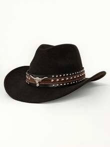 1pc Western Cowboy Hat, Unisex, With Detachable Silver Bull Head Decor Band, Suitable For Casual Everyday Wear, Holidays, And Western-Themed Parties - Multicolor - View 12