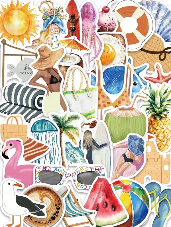 50PCS Boat Beach Pool Day Summer Chill Vibe Aesthetics Stickers, Summer Coconut Girl Watercolor Decals,Vinyl Waterproof Stickers For Laptop Journal Water Bottles, Scrapbooks, Skateboards, Suitcases Girl Decals For Adults, Teens, Kids Christmas Halloween Birthday Gifts