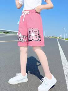 Hip Hop Street Style Pink Shorts Letter And Star Print Fashionable Cool Shorts Unisex Loose Fit Hip Hop Shorts Fashion Summer Streetwear,  Workout Clothes Women, Summer Casual Activewear,  For Back To School