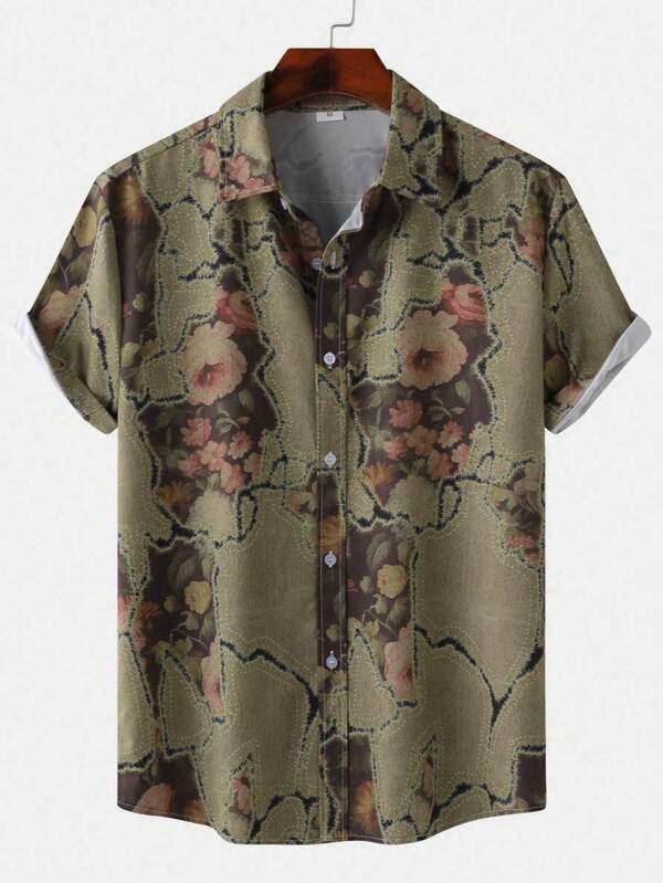 Camisa floral de hombre, camisa de verano casual de manga corta con estampado hawaiano para vacaciones en la playa