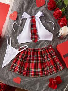 4pcs Plaid School Girl Role Play Halloween Costume Set, Solid Color Backless Crop Top, Slit Elastic Waist Plaid Skirt, Tie-Up Thong, Women Sexy Lingerie Roleplay Uniform, Valentine's Day Gift