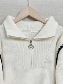 Half-Zip High Neck Patchwork Knit Sweater, Loose Design Casual Pullover Top - White - View 2