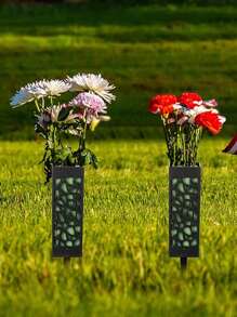 2pcs-Memorial Flower Stand Grave Vases For Cemetery With Stake,Courtyard Decoration Square Cemetery Flowerpot With Spike Ground Outdoor Plant Sign Decoration