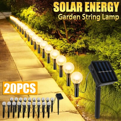 Solar-Powered Christmas Pathway Lights - 20pcs Festive Outdoor String Lights With Globe Heads, Durable Plastic, Ideal For Garden, Lawn, And Villa Decor, Christmas Pathway Lighting|Seasonal Ambiance|Solar-Powered Lights, Christmas Lights For Yard