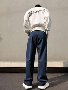Pantalones de hombre de patrón de letras y ribete con diseño  de contraste, estilo holgado tipo paracaídas y largo, color negro liso para salir - Azul Marino - Ver 4