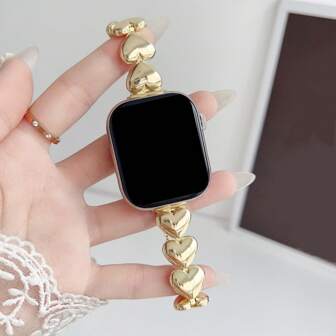 1 pieza Pulsera inteligente de mujer con forma de corazón de metal, compatible con AppleWatch Ultra/SE10/9/8/7/6/5/4/3/2/1 de 38/40/41/42/44/45/49mm, hebilla ajustable, banda linda, pulsera, regalo del Día de San Valentín, uso diario, regalo para amigos