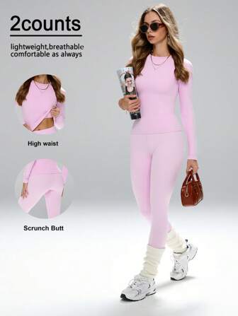 FWH Schmeichelhafter Kontur, vielseitige Styling - Klassischer Rundhalsausschnitt + schlanke Langarmshirts, Po-hebender Bund, aufeinander abgestimmtes Set, #AthleisureEssentials #GymToStreet, Hochtailliges Workout-Set, Bauchkontrolle Yoga-Outfit, figurschmeichelnde Sportbekleidung, schlank geschnittenes Hochtailliges Yoga-Outfit mit Bauchkontrolle, Damen Essentielles 2 Stücke Workout-Set