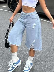 Women's Summer Casual Stretch Tight Denim Cropped Trousers Are Slim And Fit For Holidays, Beaches, Concerts, Music Festivals And Other Occasions. - 淺色水洗藍 - 查看 5