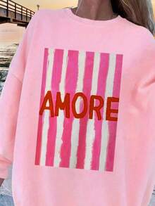 Love Mark English Pattern Print-, Women's Curve oversize Solid Color Crew Neck Sweatshirt, Cotton Women's Sweatshirt, Autumn Holiday Vacation, Suitable for Outdoor Sportswear, Autumn and Winter Home Daily Casual Women's Clothing, Long Sleeve Tops, Couple's Model, Suitable for Matching/Office/Home/Street/Girls/Children's Clothing/Couple's Model/Parenting/Couple's Model/Parenting/ - 多色1 - 查看 2