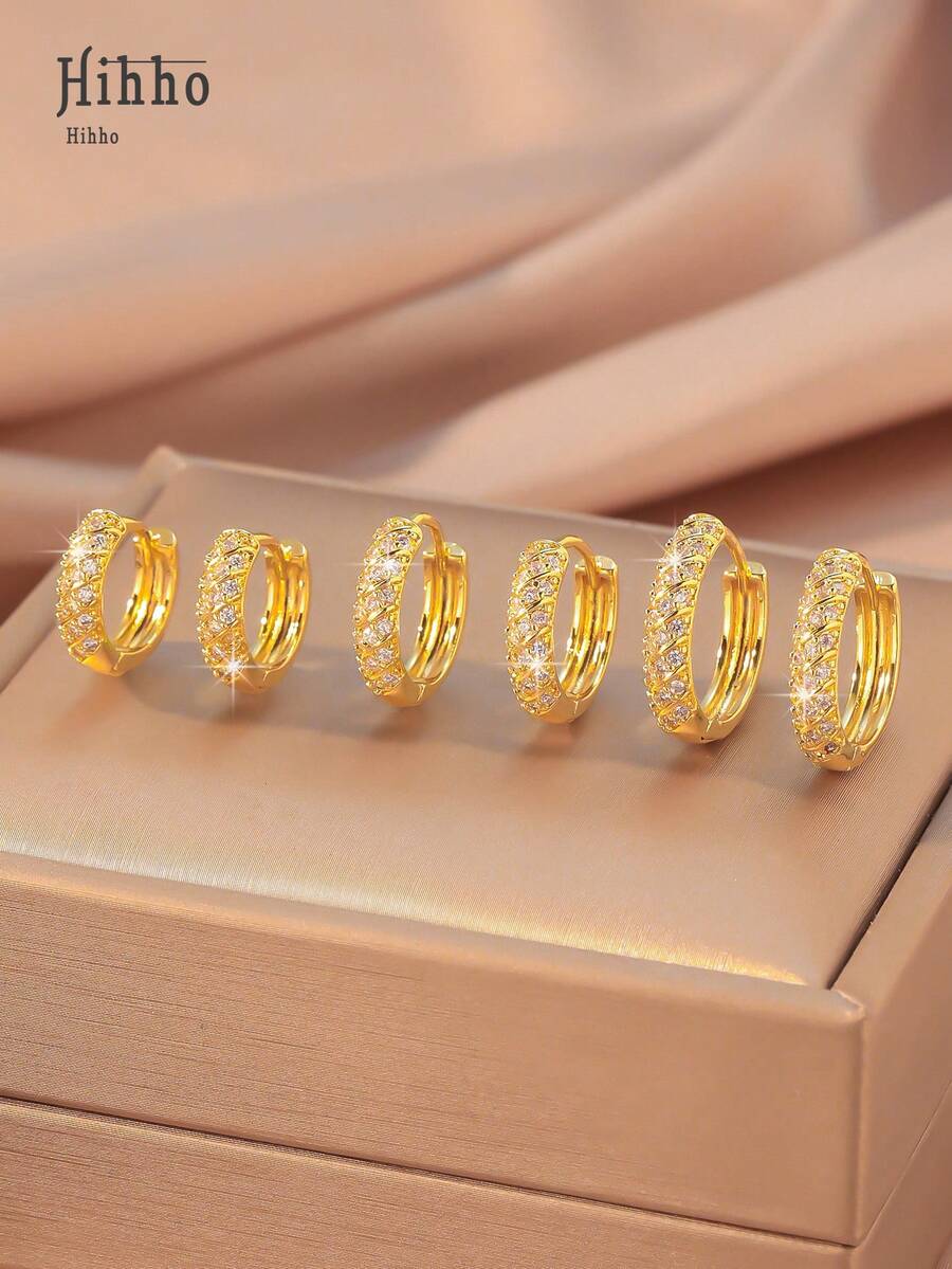 Hihho Bộ 3 đôi khuyên tai tròn đính đá Zirconia dành cho nữ, khuyên tai kẹp tròn nhẹ thời trang, phù hợp cho trang phục hàng ngày, thường ngày, thể thao - Vàng - Xem 1