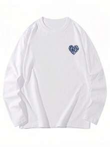 心形印花长袖圆领 T 恤，休闲宽松百搭女式上衣，秋季