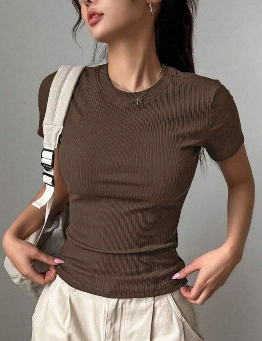 Women's Short Sleeve Ribbed Premium Comfortable  T-Shirt - 鏽棕色 - 查看 1