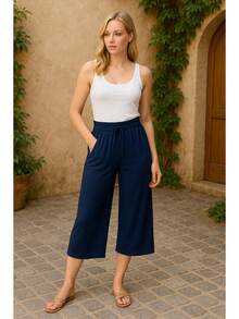 Women's Pantacourt Pants In Viscolycra Knit, Capri, Simple Casual, With Drawstring Pocket - 藏蓝色 - 查看 8