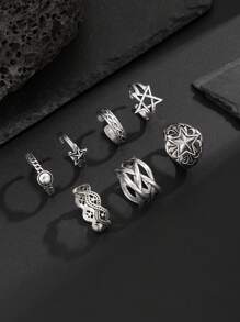 7pcs Fashionable Punk Style Star & Geometric Pattern Ring Set, Casual Daily Wear For Men - Antique Silver - View 5