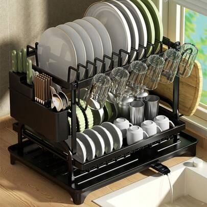 Estante para Platos de Metal Antioxidante de 2 Niveles con Bandeja Escurridora y Porta Utensilios - Organizador Ahorra Espacio para Secar y Almacenar Vajilla y Utensilios
