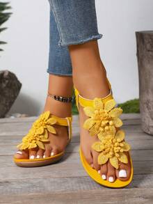 Plus Size Women's Elegant Sandals, Yellow Floral Decor, Fairy Tale Style For Summer, Open Toe Design, Fabric Upper And Lining, Non-Slip Outsole, Microfiber Insole,Flip Flops - Yellow - View 6