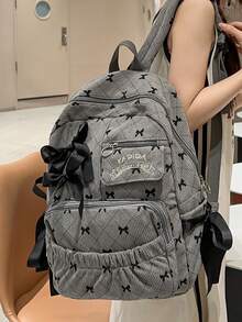 Fashionable Bow Print Large Capacity Backpack, Cute Bow Backpack , Bow , Kawaii - Grey - View 4