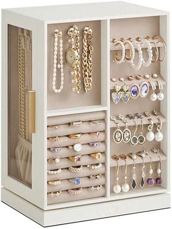 1 pieza Caja de joyería de moda con rotación de 360°, con cajones, ventana lateral de vidrio, almacenamiento de múltiples capas, almacenamiento de accesorios, diseño abierto, caja de joyería con flor de rosa falsa, empaque de regalo para organizador de almacenamiento de mujer, artículos esenciales de viaje, almacenamiento de dormitorio escolar, decoración de otoño