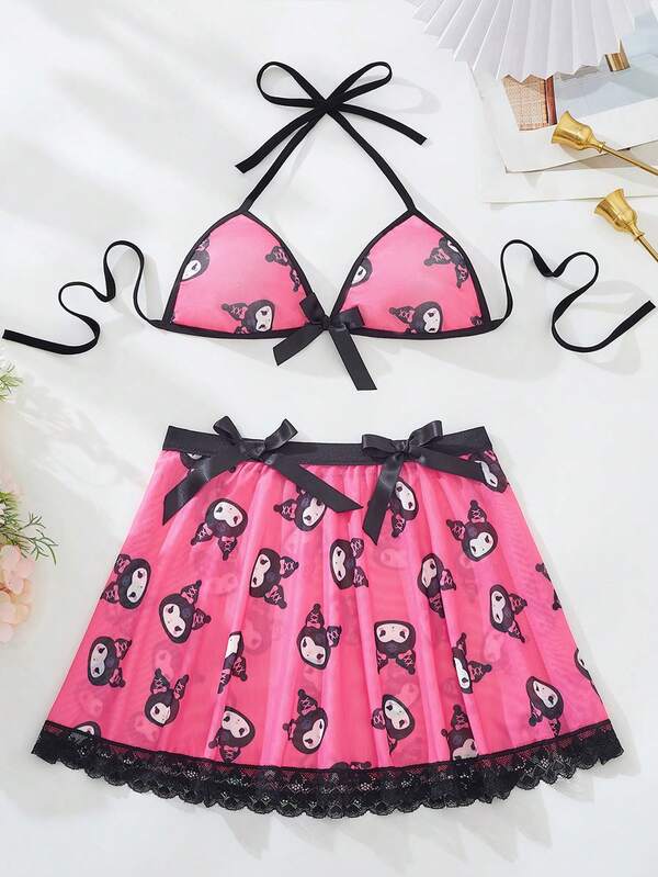 Sanrio 2pcs Women's Pink Kuromi Cute Digital Printing,V-Neck,Contrast Lace,Bow Decoration,Three-Point Top&Short Skirt,Sexy Lingerie Set