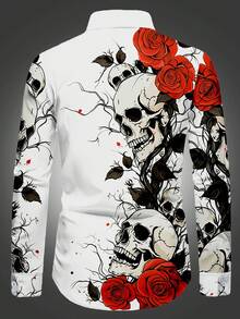 男士哥特式骷髅与红玫瑰印花长袖衬衫，个性化哥特风格全印花翻领纽扣休闲衬衫，艺术氛围万圣节设计，秋冬 - 彩色 - 查看 2
