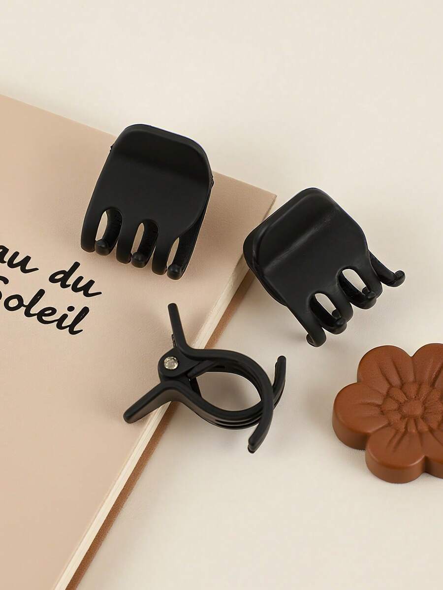3 件套哑光黑色极简迷你三爪发夹，适用于高马尾、半顶梳发型和全头造型，是多功能发饰、节日必备发夹和发束固定器，适合日常佩戴。时尚发夹秋季配饰 - 黑色 - 查看 1