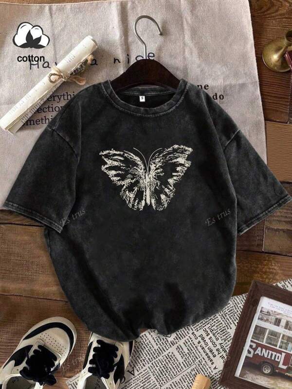 Es Trus, Cotton, Summer Women's Fun Print Hip-Hop "Butterfly" Personalized Pattern Print Street , Korean Version Comfortable Retro Fashion Commuting All-Match Y2k Clothing Women's Clothing, Suitable For Outdoor Leisure, Regular Niche Punk Style Black Well-Fitting Round Neck Short-Sleeved Washed T-Shirt