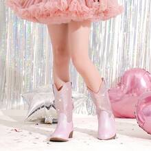Rhinestone Sparkly Girls Cowgirl Cowboy Boots Little Kids Dress Boot Pointed Toes Low Heel Mid Calf Zipper Party Birthday Toddler To Big Kid - 水鑽灰粉色 - 查看 4