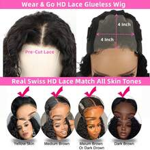 Wear And Go Glueless Wigs Human Hair Pre Plucked Pre Cut 4x4 Lace Front Wigs For Women Glueless Water Wave 200 Density Deep Curly Bob  Human Hair Lace Wigs For Beginners(16 Inch) - Natural Black - Xem 8