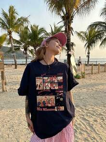 200g Pure Cotton T-Shirt 2025 Summer Ladies New Short Sleeve Pure Cotton Holiday Pattern Short Sleeve Round Neck Couple Wear Small Shirt Tops - 藏蓝色 - 查看 1