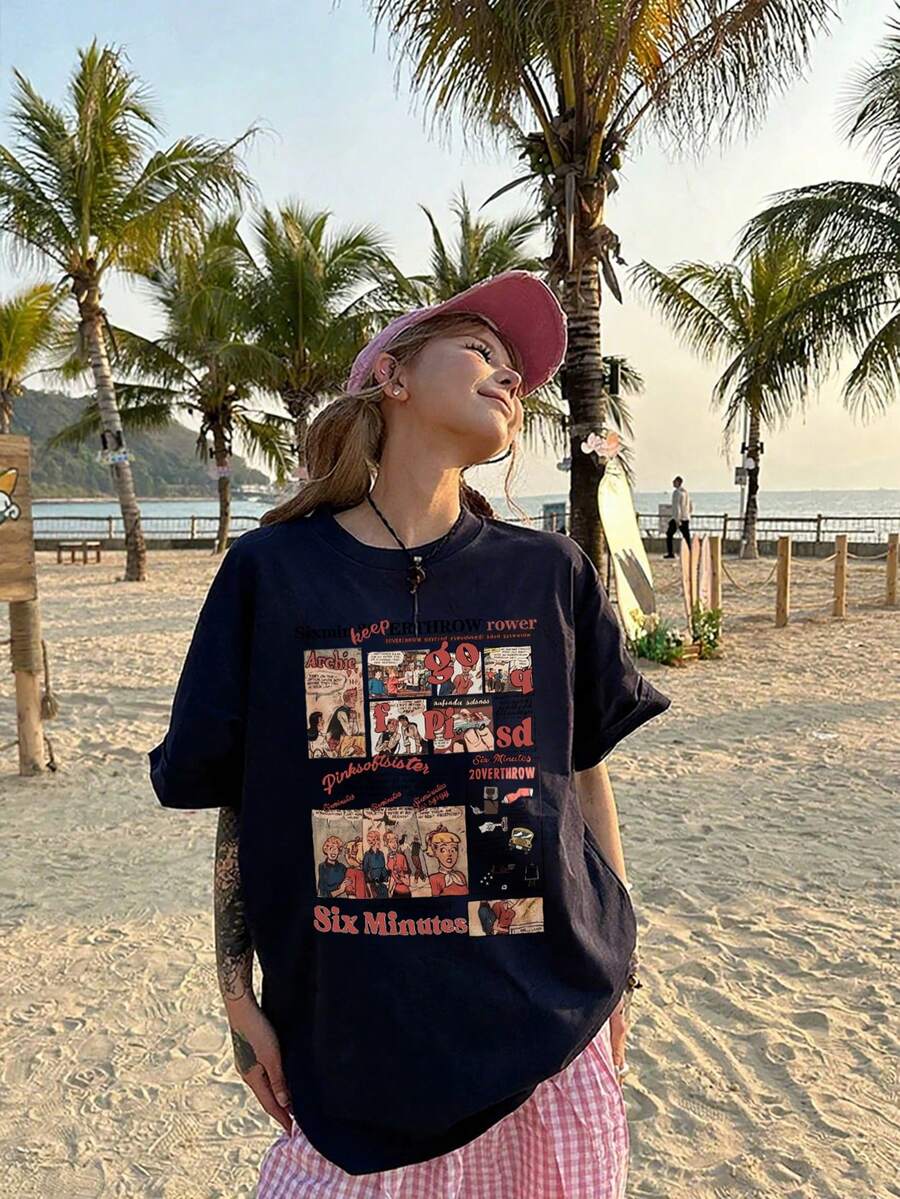 200g Pure Cotton T-Shirt 2025 Summer Ladies New Short Sleeve Pure Cotton Holiday Pattern Short Sleeve Round Neck Couple Wear Small Shirt Tops - 藏蓝色 - 查看 1