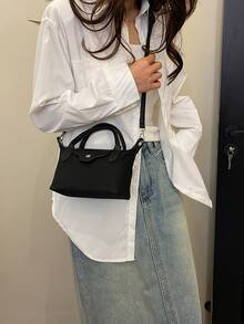 Women's Fashion Casual Versatile Color Block Dumpling Shaped Tote Bag, Minimalist Nylon Square Handbag, Vintage Style Shoulder Bag With Detachable Strap, Suitable For Teenagers, College Students, Young Professionals, Office, Campus, Work, Business And Commuting - Black - View 3