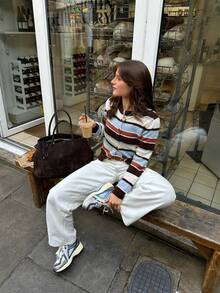 Senya 女款撞色条纹圆领长袖针织开衫，复古修身休闲毛衣上衣，日常通勤毕业返校针织夹克 - 彩色 - 查看 2