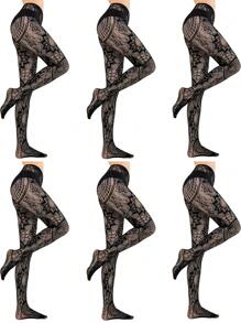 CLAGAINER 6pcs/3pcs/1pc 2024 New Fashion Girls' Fishing Net Stockings, Sexy Tattoo Lace Stockings, Jacquard Lace Cutout Pantyhose - Black - View 15