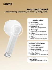 REMAX Remax Wireless Bluetooth Earbuds, Wireless Stereo Earphones, Earphone Mini, Comfortable Earphones, Earphone Design, Active Noise Cancellation, Gift For Lover,Black/White