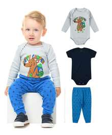 Baby Boy Bodysuit Kit - 3 Piece Set = 1 Long Sleeve Bodysuit + 1 Short Sleeve Bodysuit + 1 Baby Pants - 100% Cotton - Newborn - 寶藍色 - 查看 1