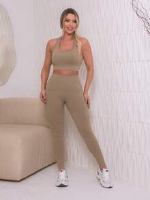 Fitness Gym Set - Leggings And High-Waisted Top - Assorted Prints - Fitness Fashion - Yoga - Màu xanh Ô liu - Xem 1