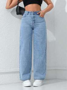 青少年休闲宽松直筒牛仔裤 - 中等水洗藍 - 查看 1