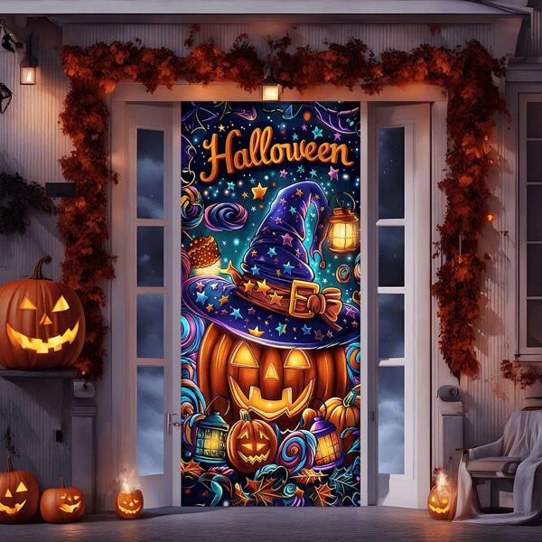 Bandera de puerta de Halloween con diseño de calabaza y mago, decoración de puerta de poliéster espeluznante, decoración festiva de entrada sin electricidad, 100% poliéster bandera de interior y exterior de Feliz Halloween