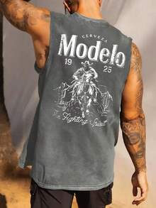 230g Double-Sided Washing, Beer Denim Printed Vest, High-Quality Batik Cotton Vintage Fashion Brand T-Shirt, Men's Vest, Beach, Summer Explosions, Holiday Gifts, Men's Wear, Gifts For Friends. - 深灰色 - 查看 1