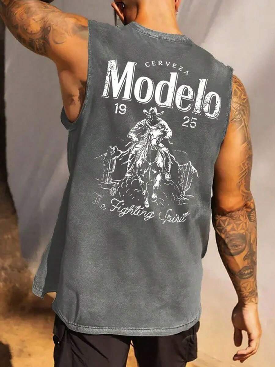 230g Double-Sided Washing, Beer Denim Printed Vest, High-Quality Batik Cotton Vintage Fashion Brand T-Shirt, Men's Vest, Beach, Summer Explosions, Holiday Gifts, Men's Wear, Gifts For Friends. - 深灰色 - 查看 1