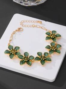 1pc Vacation Style Fresh & Energetic Retro Vibe Dopamine Inspired Green 5-Petal Flower Anklet, Suitable For Vacation, Travel, Date, Daily Wear, Elegant Women Jewelry - Green - View 4