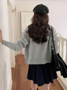 Autumn/Winter New Year Casual Slim Fit Round Neck Double Zipper Women Knitted Cardigan Short Sweater Jacket - Grey - View 4