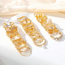 50pcs/Set Elegant Vintage Mauve Color Women's Gold Tone Ring Set, Includes Square, Butterfly, Heart Shaped Wide Band Designs, Suitable For Daily, Vacation, Party, Wedding Wear, Fashionable Versatile Jewelry Gift Set For Family And Friends