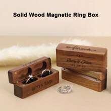 1pc Customized Wooden Ring Box, Oblong Dual Ring Box, Magnetic Jewelry Box With Personalized Engraving, Dual Slots, Wedding Ring Exchange Box, Jewelry Storage Box, Engagement Ring Box, Vintage & Rustic Wedding Ring Holder, Waterproof, Ideal For Wedding Anniversary, Gift For Wife/Husband, Father/Mother, Couples, Bride, Wedding
