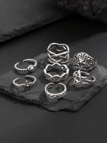7pcs Fashionable Punk Style Star & Geometric Pattern Ring Set, Casual Daily Wear For Men - Antique Silver - View 3