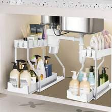 2-Tier Sliding Drawer Plastic Material Sink Organizer Rack, Multifunctional Kitchen & Bathroom Storage Solution, Black Sink Organizer And Cabinet