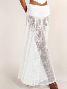 Women's Y2k Summer A-Line Maxi Skirt Stylish Floral Print See Through Elegant Flowy Skirt Fashion High Waist Long Lace Patchwork Skirt For Travel Beach Shopping - trắng - Xem 5