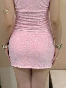 Sequin Mini Skirt For Women Summer Fashionable Versatile Solid Color Low Waist Bodycon Skirt - 亮粉紅色 - 查看 6